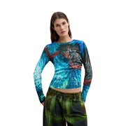Ein leuchtend blauer Viskose-Strickpullover von Desigual für Damen mit langen Ärmeln und einem abstrakten türkisblauen und roten Muster