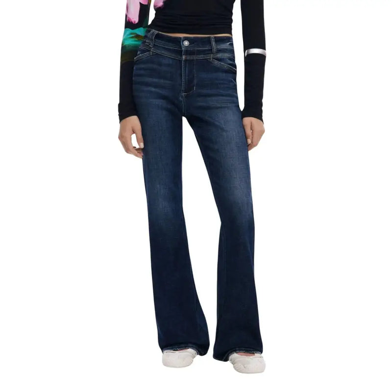 Dark wash high-waisted flared jeans with button closure from Desigual Women Blue Zip Button Jeans for Fall Winter