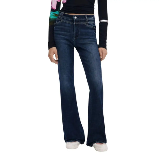 Dark wash high-waisted flared jeans with button closure from Desigual Women Blue Zip Button Jeans for Fall Winter