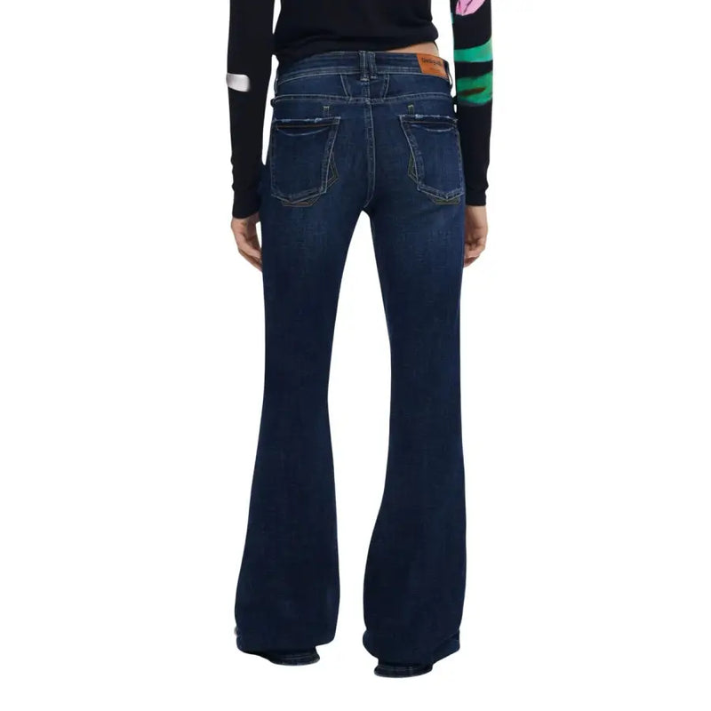 Dark wash flared jeans with a brown patch on the back waistband for Desigual Women Blue Zip Button Jeans for Fall Winter