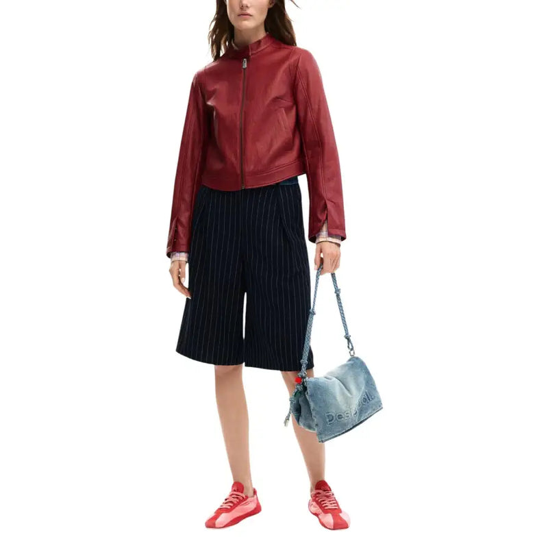 Desigual denim shoulder bag with faded blue wash logo on Bordeaux blazer