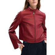 A sleek crimson faux leather moto jacket with high collar and front zipper from Desigual Women Bordeaux collection