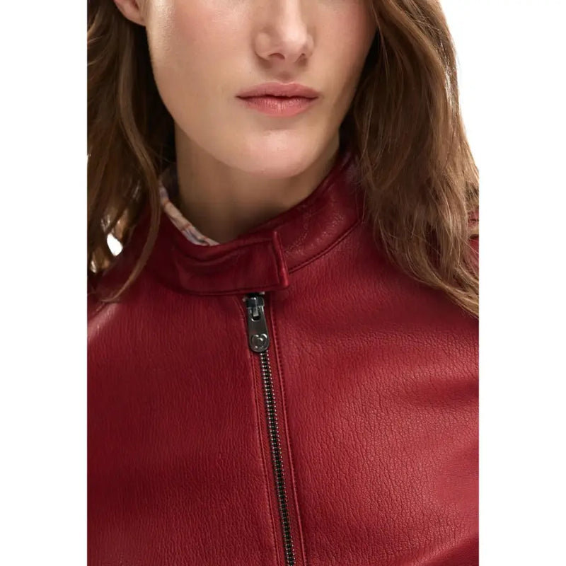 Desigual women bordeaux polyurethane blazer with high collar and black zipper in rich burgundy faux leather
