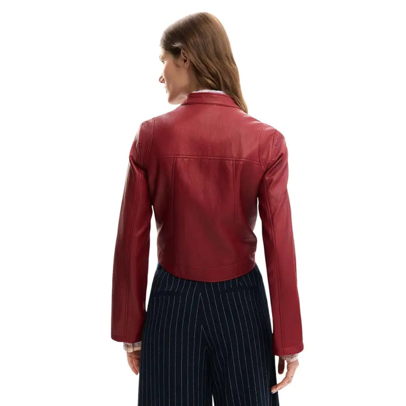 Desigual women bordeaux polyurethane blazer with mandarin collar featuring a sleek crimson-red leather cropped moto jacket style