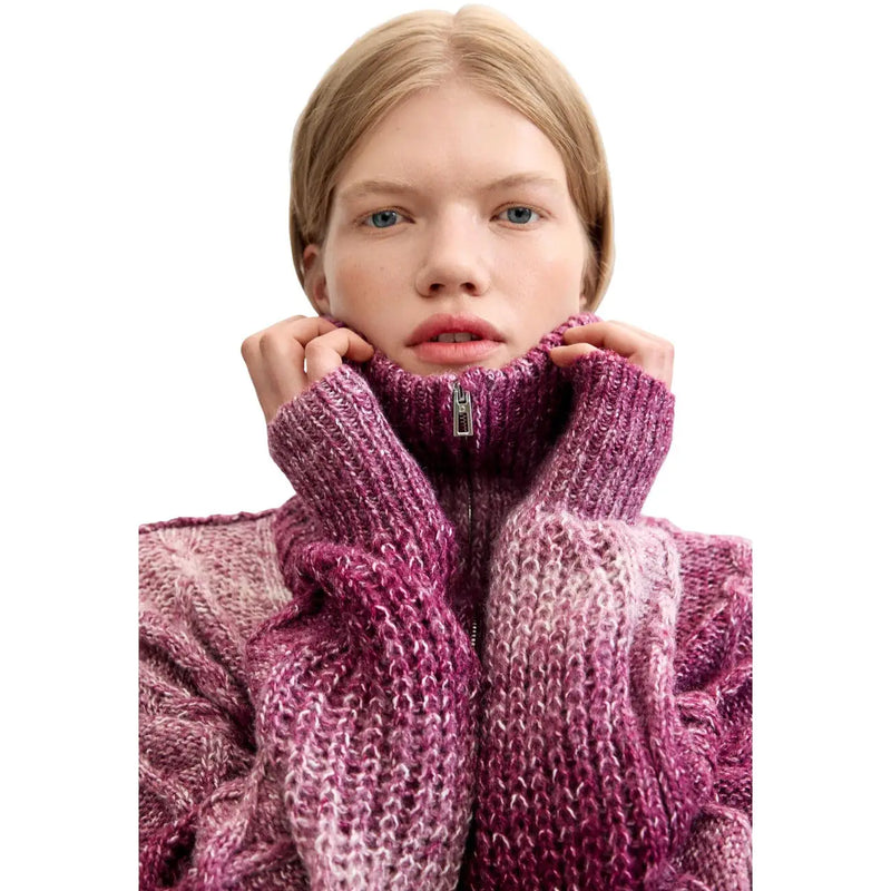 Desigual women bordeaux wool blend chunky knit sweater in gradient magenta to pink with high collar and silver zipper