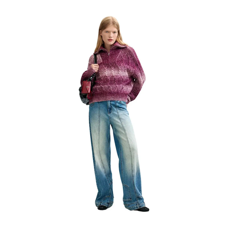 Desigual women bordeaux wool blend knitwear sweater in cozy gradient pink and purple with textured cable knit pattern