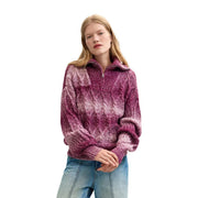 Desigual women bordeaux wool blend knitwear sweater in cozy gradient pink and purple cable knit with half-zip collar