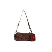 Desigual women brown faux leather crossbody bag with frayed lace-up detailing and matching red wallet attached