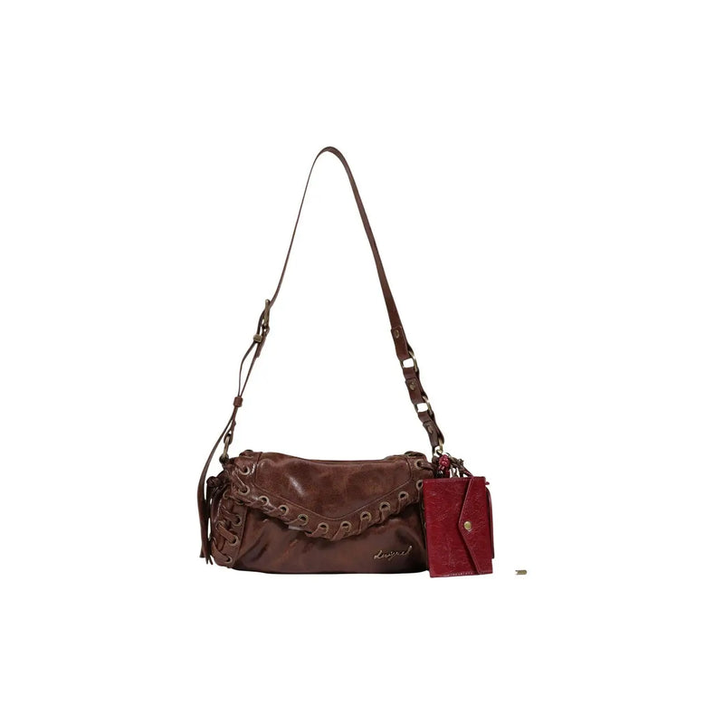 Desigual women brown faux leather crossbody bag with frayed lace-up detailing and matching red wallet attached