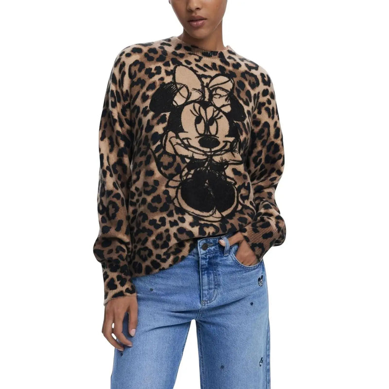 Desigual Damen-Pullover aus braunem Acrylmischgewebe mit Rundhalsausschnitt, Leopardenmuster und schwarzem Minnie-Mouse-Motiv