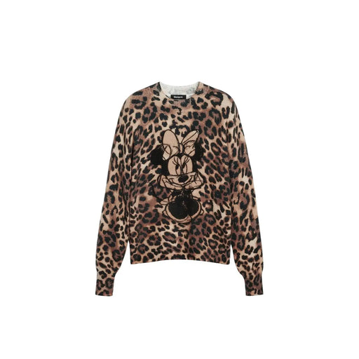 Pull Desigual pour femme, en maille marron acrylique à col rond, imprimé léopard et broderie Minnie Mouse noire.