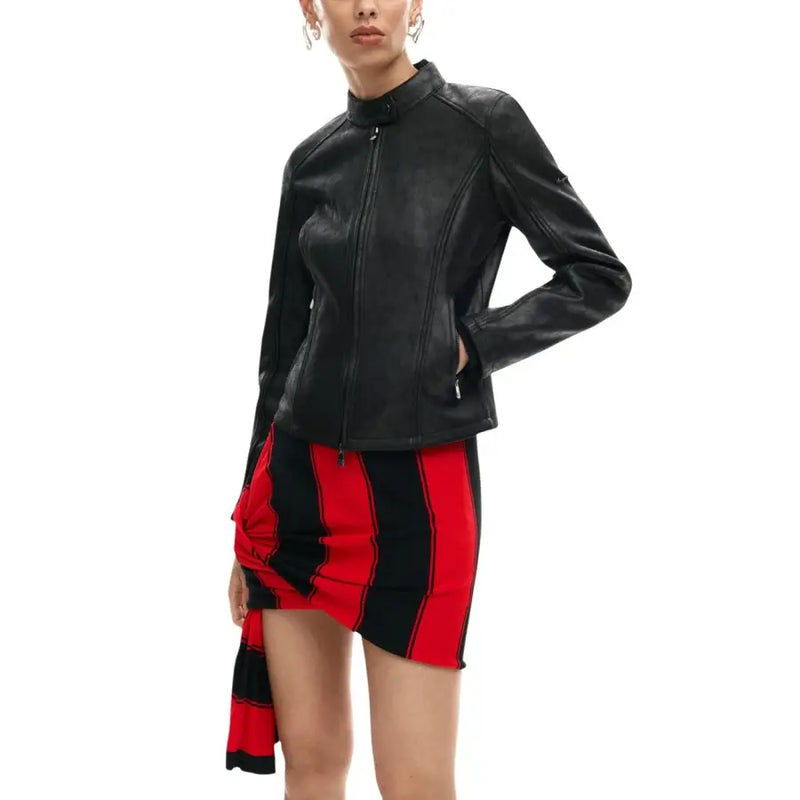 Desigual women brown zip blazer with pockets, black leather moto jacket front