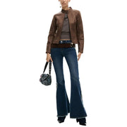Desigual women brown leather moto jacket with collar front zipper worn over gray top with pockets