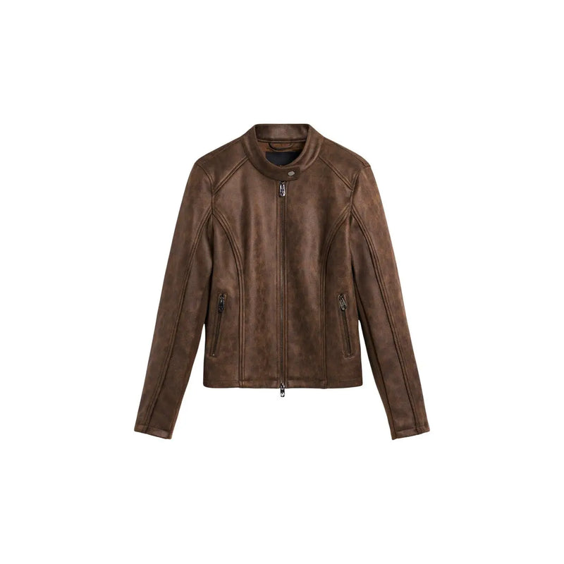 Brown suede moto jacket with classic collar front zipper and pockets from desigual women zip blazer collection