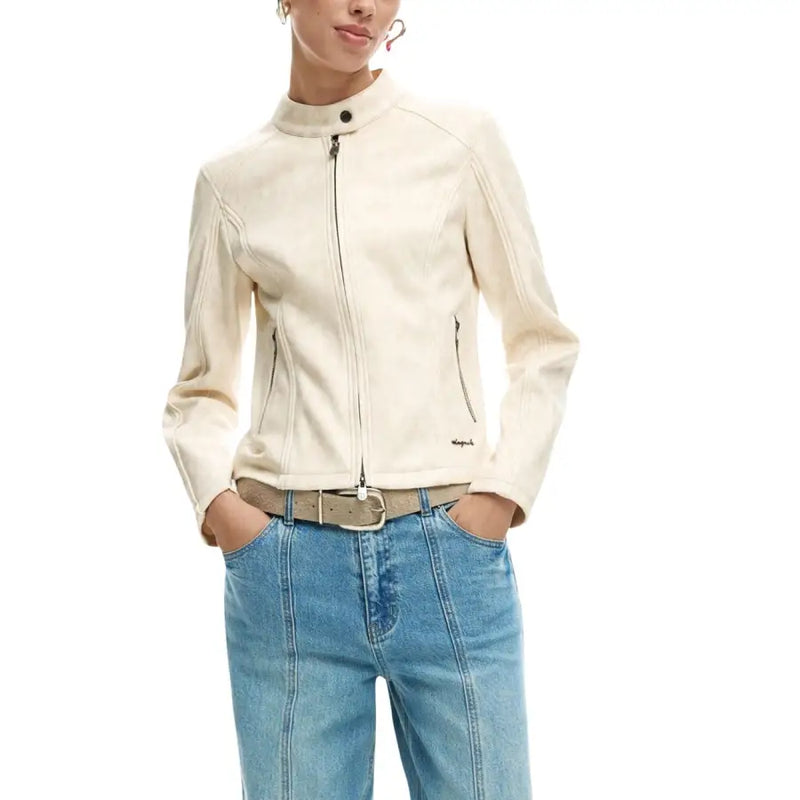 Desigual cream-colored leather motorcycle jacket with stand-up collar and zippered pockets