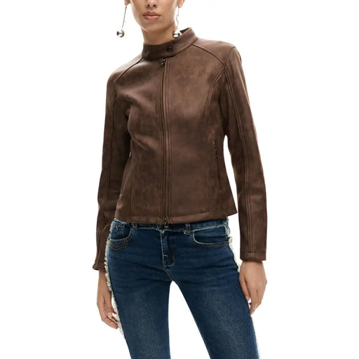 Desigual women brown suede moto jacket with high collar front zipper and pockets for stylish outerwear