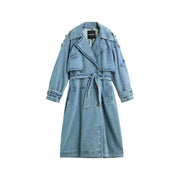 Desigual women cotton blazer blue buttoned pocket with light-wash denim trench coat featuring belted waist and double-breasted front