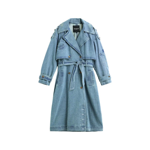 Desigual women cotton blazer blue buttoned pocket with light-wash denim trench coat featuring belted waist and double-breasted front