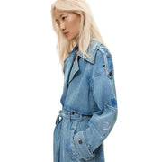Light-wash denim trench coat with patchwork details and brown buttons from Desigual women cotton blazer blue buttoned pocket