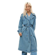 Desigual women cotton blazer in medium-wash denim with belted waist and classic double-breasted front pockets