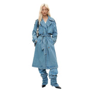 Desigual women cotton blazer blue denim trench coat with belted waist and rolled up cuffs