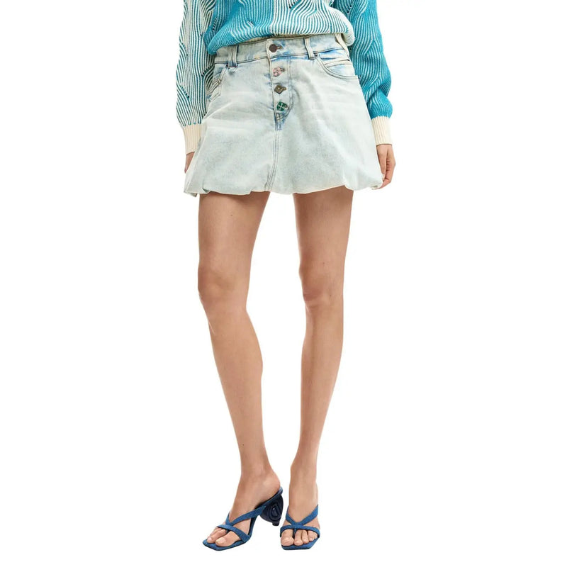 Desigual women cotton denim skirt light blue with button front and flared hem in light wash denim fabric