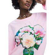 Desigual women cotton long pink round neck t shirt with vibrant painterly peonies print in a green vase
