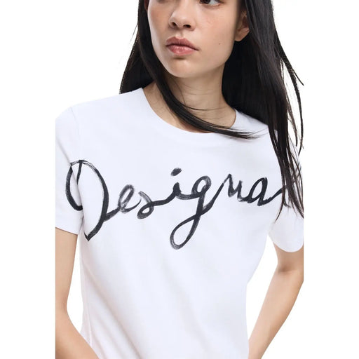 White cotton round neck short sleeve t shirt with bold black cursive designa logo by Desigual women