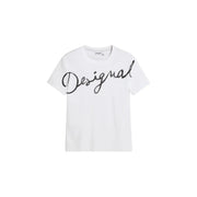 White cotton women round neck short sleeve t shirt with black cursive Desigual logo across the chest