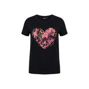 Black cotton round neck t shirt for women featuring a pink and black leopard print heart and desigual logo