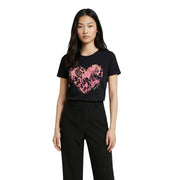 Desigual women cotton round neck black t shirt with bold pink leopard print heart graphic on front
