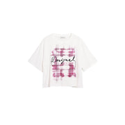 White oversized cotton t shirt with bold pink plaid graphic and desigual black cursive script on the chest