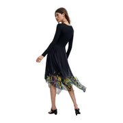 Desigual women dress black viscose long sleeved with flowing asymmetrical skirt and yellow green floral hem details
