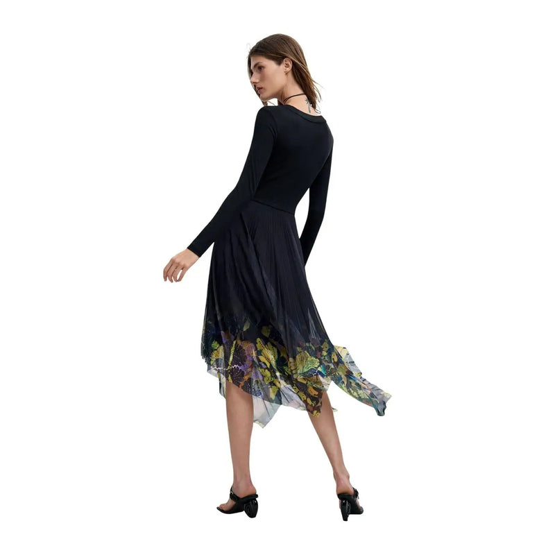 Desigual women dress black viscose long sleeved with flowing asymmetrical skirt and yellow green floral hem details