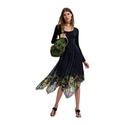Desigual women dress black viscose long round neck with flowing asymmetrical skirt and green yellow botanical print hem