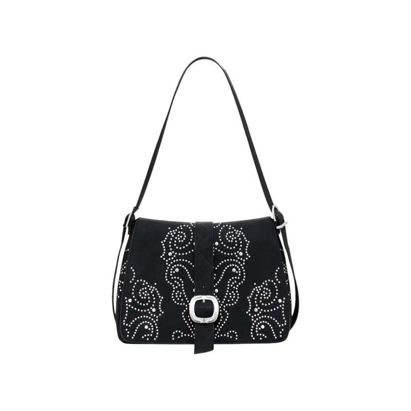 Black shoulder handbag with silver stud embellishments and buckle closure for Desigual Women collection