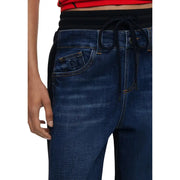 Close-up of Desigual Women Fall Winter Blue Jeans featuring a black elastic waistband and drawstring