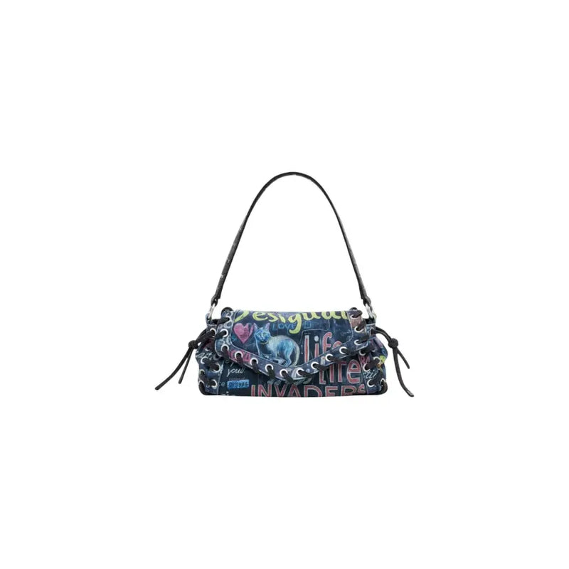 Dark blue Desigual handbag with graffiti graphics, cat and hearts, eyelet details