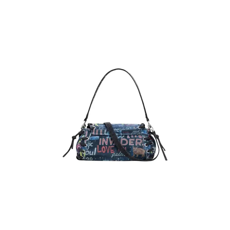 Dark blue Desigual fall winter handbag with colorful graffiti print and functional pockets