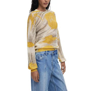 Women’s abstract print yellow knit sweater with long round neckline from Desigual Fall Winter collection