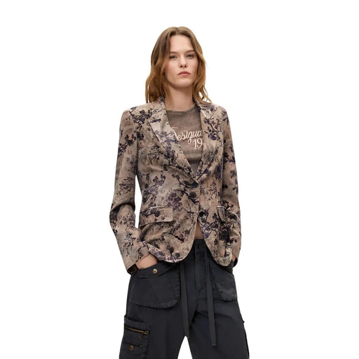 Desigual women floral beige polyester blazer with taupe and dark purple floral pattern and soft textured fabric