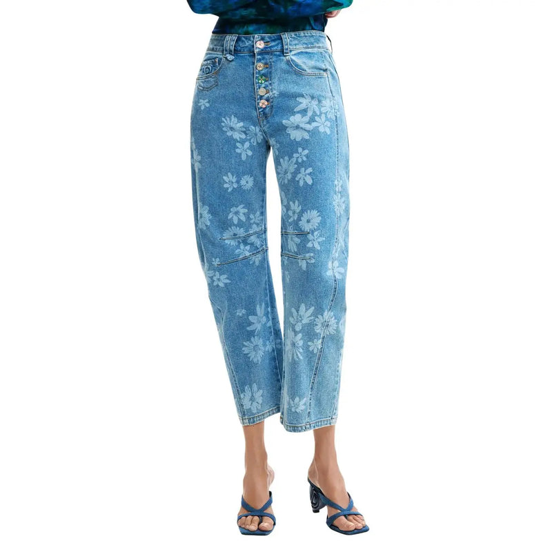 Hellblaue Baumwolljeans von Desigual für Damen mit weißem Blumenmuster und Knopfleiste