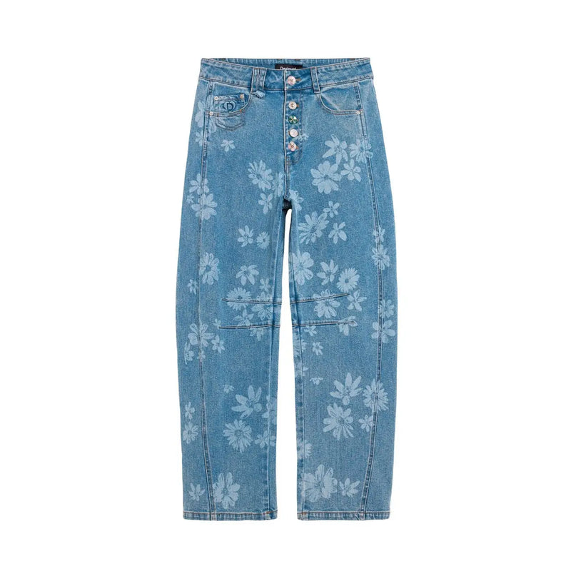 Desigual Damen-Jeans aus hellblauem Denim mit dezentem weißen Blumenmuster und Knopfverschluss.