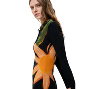 Desigual women floral dress in black viscose featuring long sleeves and a vibrant orange sunflower design