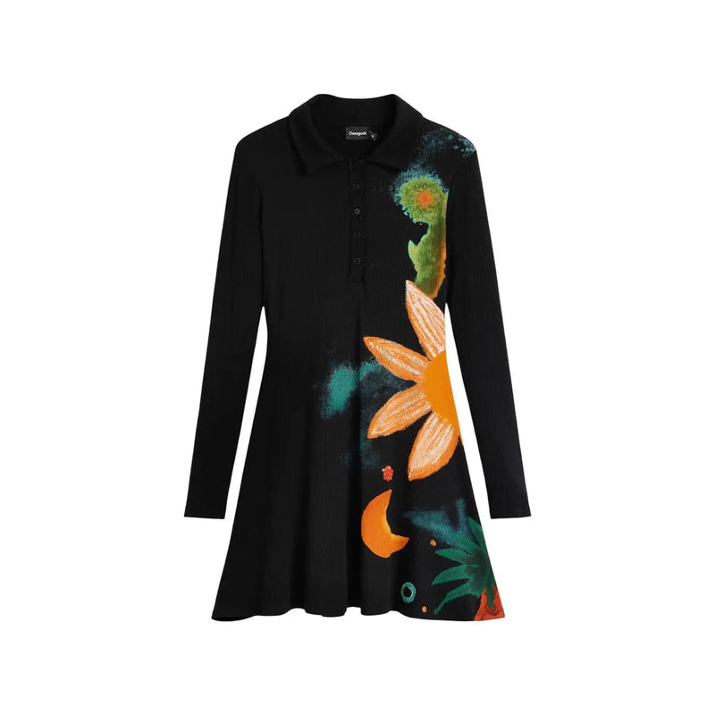Desigual women floral dress black viscose long sleeve with vibrant abstract orange green teal and red botanical print