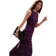 Desigual women floral dress purple polyester sleeveless with ruched detailing and floor-length design