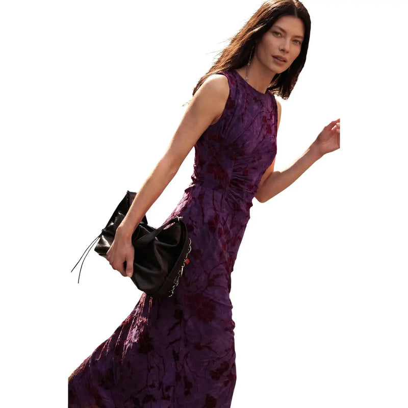 Desigual women floral dress purple polyester sleeveless with ruched detailing and floor-length design