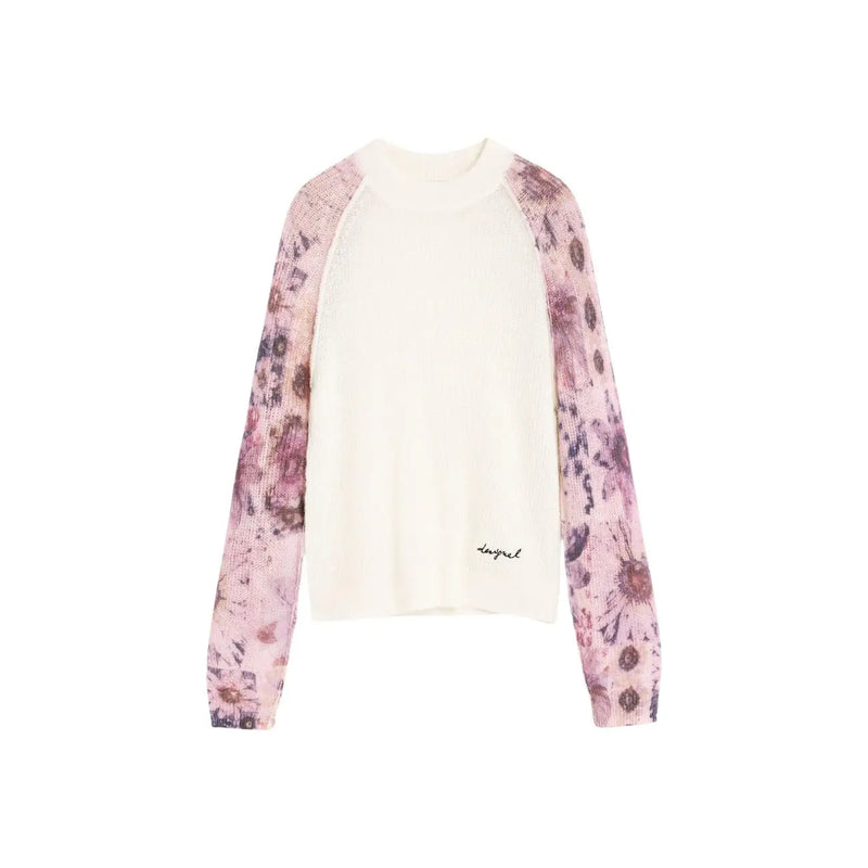 Desigual women floral knit sweater cream color wool blend with long sleeves and delicate pink purple floral pattern