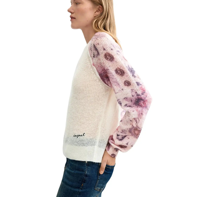 Desigual women floral knit sweater white wool blend with soft off-white color and pink purple floral pattern on upper sleeves