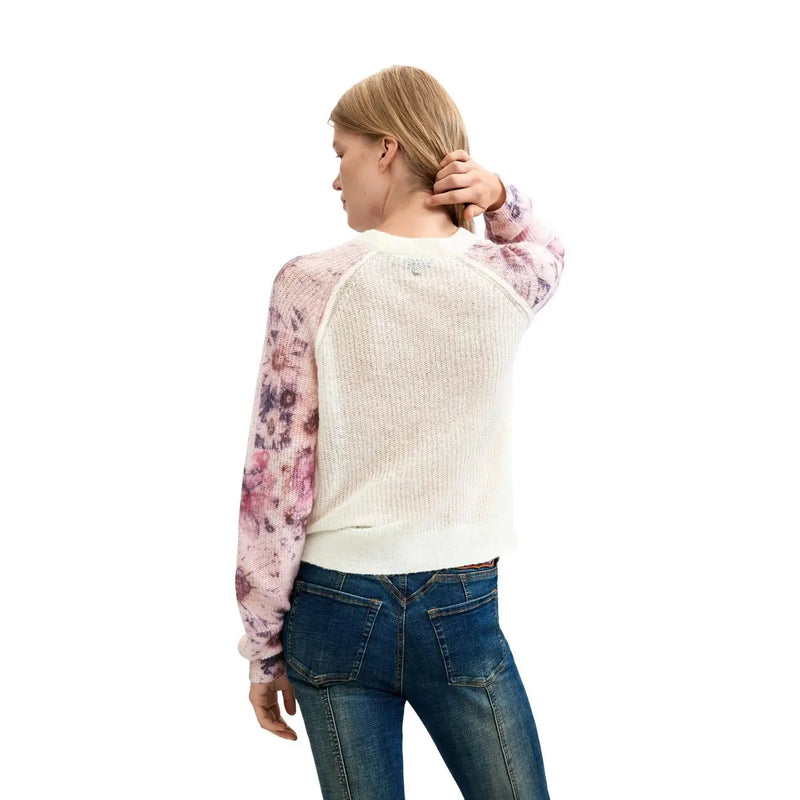 Desigual women floral knit sweater in off-white and pink with raglan sleeves and wool blend textured knit body
